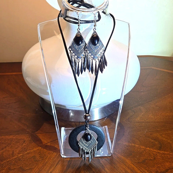 Antique Silver Rhinestone Inlaid Black Turquoise Tassel Earrings, Double-layer P - Picture 1 of 10